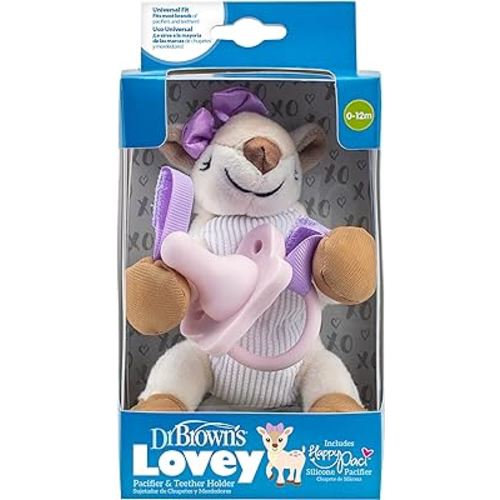 Dr. Brown's Baby Lovey Pacifier and Teether Holder, Deer with Pink HappyPaci, 100% Silicone, 0-6m