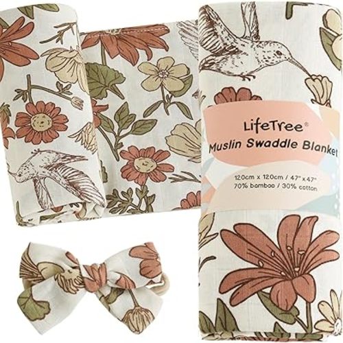 LifeTree Baby Girl Swaddle Blanket Set, Soft & Eco-Friendly, Vintage Floral, 70% Viscose from Bamboo and 30% Cotton Muslin Swaddle Blankets for Newborn with Matching Bow Headband, Large 47 x 47 inches