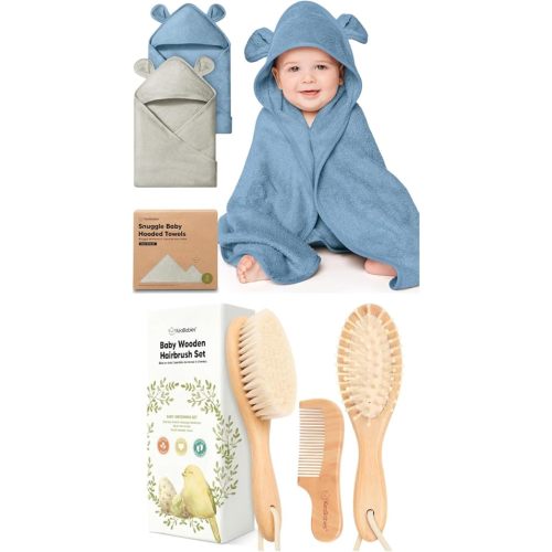 KeaBabies 2-Pack Hooded Baby Towels for Newborn and Baby Hair Brush and Comb Set - 100% Soft and Absorbent for Newborns, Infant, Wooden Kids Brush with Soft Goat Bristle