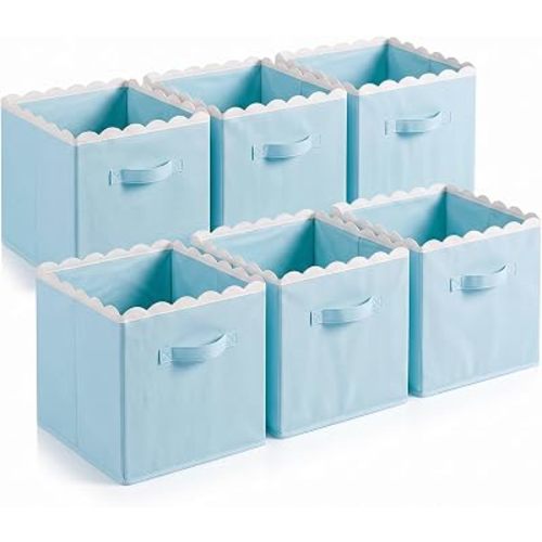 Yalikop 6 Pcs Blue Scalloped Cube Storage Bins 11 Inch Fabric Storage Basket with Handle Collapsible Clothes Closet Organizer Bin for Classroom Books Toy Box Nursery School Organizing