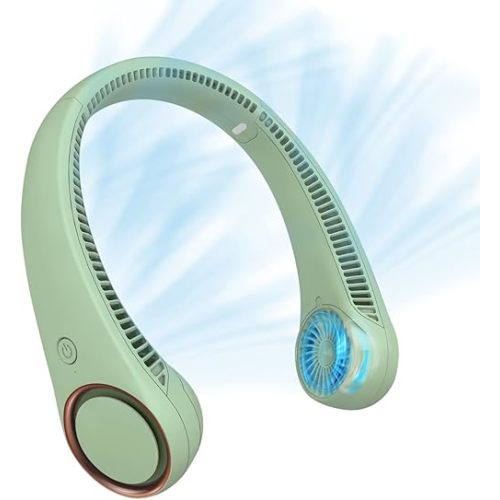 CIVPOWER Neck Fan: Portable Personal Neck Cooling Rechargeable Bladeless Fan - Hands Free 3 Speed 4000 mAh Battery USB Operated Wearable Headphone Design - for Men Women Outdoor Indoor (Light Green)