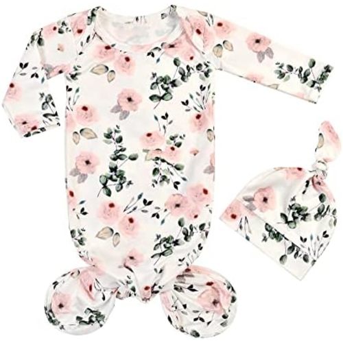 Newborn Baby Sleeper Gown Knotted Gown Baby Girl Boy Coming Home Outfits 2-Piece Gown and Hat Set 0-3 Months