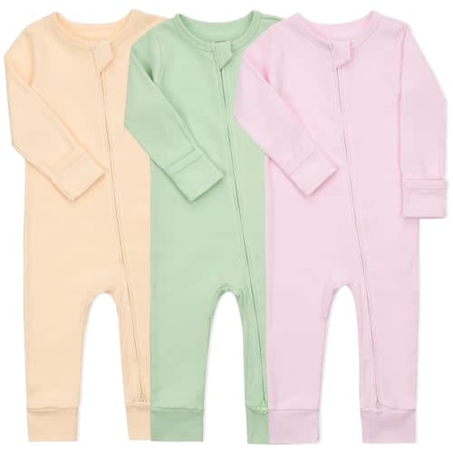 Aablexema Baby Cotton Fooltess Pajamas with Mitten, 3-pack Infant Romper Zip Up One Piece Jumpsuits Outfit