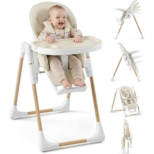 Baby High Chair, Convertible Folding Highchair with Dishwasher-Safe Tray, 6 Adjustable Heights, 5-Point Harness, Portable Dining High Chairs for Babies and Toddlers (Wood Grain+Beige)
