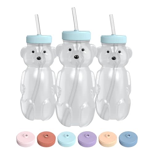 The 730 Project Honey Bear Straw Cup for Babies, 8-oz Honey Bear Cup with Lid, 3-Pack Therapy Learning Honeybear Straw, Baby Bottle Set, Blizzard AQUA