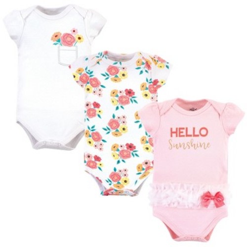 Little Treasure Baby Girl Cotton Bodysuits 3pk, Flower Pocket, 3-6 Months