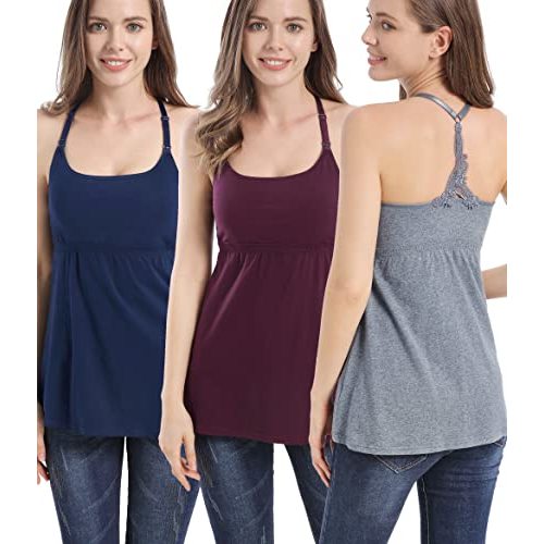 SUIEK 3 Pack Maternity Nursing Tank Tops with Bralette Cotton Breastfeeding Camisole