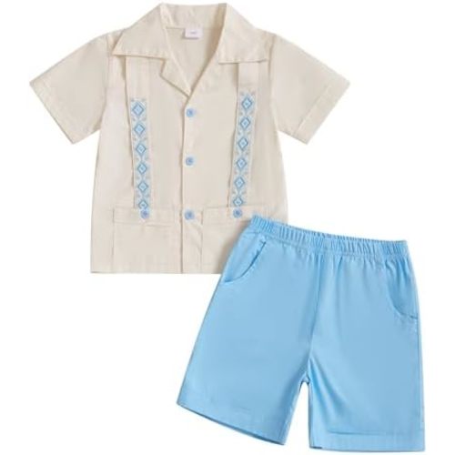 Kupretty Toddler Baby Boy Summer Clothes Mexican Guayabera Outfit Embroidered Button Down Shirts + Shorts Set