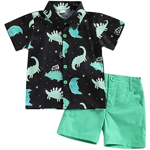 Toddler Baby Boy Clothes Shorts Set Dinosaur Print Shirt Short Sleeve Button Down Top Solid Shorts Summer Outfit