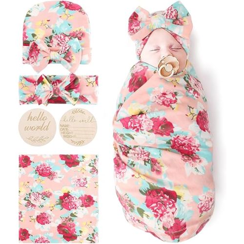 BQUBO Baby Girl Newborn Floral Receiving Blankets with Bow Hat Headband Wooden Birth Announcement Card Set Newborn Baby Swaddling Hats Sleepsack Toddler Warm Shower Gift