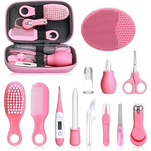 Baby Grooming and Healthcare Kit, Infant Safety Care Set with Hair Brush Comb Nail Clipper Nasal Aspirator,Baby Essentials Kit for Newborn Girls Boys (13 in 1, Pink)