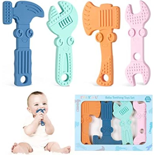 TYRY.HU Baby Teething Toys for Babies 0-6 Months 6-12 Months, BPA Free Silicone Baby Molar Teether Chew Toys, Hammer Wrench Spanner Pliers for Boys Girls, Soft-Textured, Easy to Hold & Clean, 4 Packs
