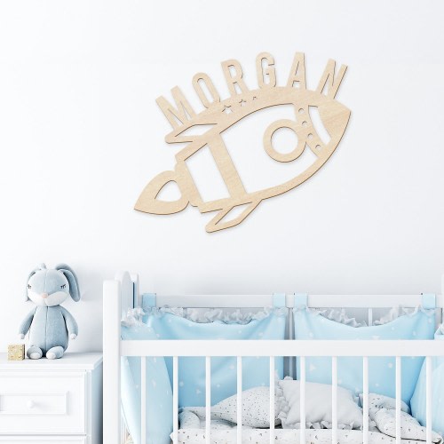 Space Rocket Ship Name Sign, Nursery Over Crib Decor, Personalized Wood Kid Decoration