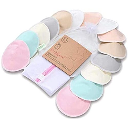 Organic Bamboo Nursing Breast Pads - 14 Washable Pads + Wash Bag - Breastfeeding Nipple Pad for Maternity - Reusable Nipplecovers for Breast Feeding (Pastel Touch, Large 4.8")