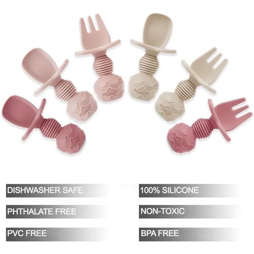 PandaEar 6 Pack Silicone Baby Spoons and Fork Feeding Set- Anti-Choke First Self Feeding Utensils for Baby Led Weaning Ages 3 Months -Pink