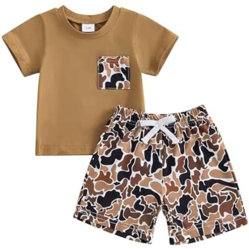 Toddler Baby Boy Summer Clothes Retro Embroidery Duck Hunting Shirts T-Shirt + Elastic Camouflage Shorts Set