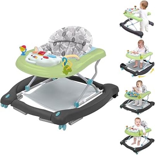 5 in 1 Foldable Baby Walker, Activity Baby Walker-Baby Bouncer, Rocker, Activity Center,Seat and Push Walker,Detachable Trampoline Mat, Adjustable Speed Rear Wheels and Height,Ages 6-18 Months(Green)