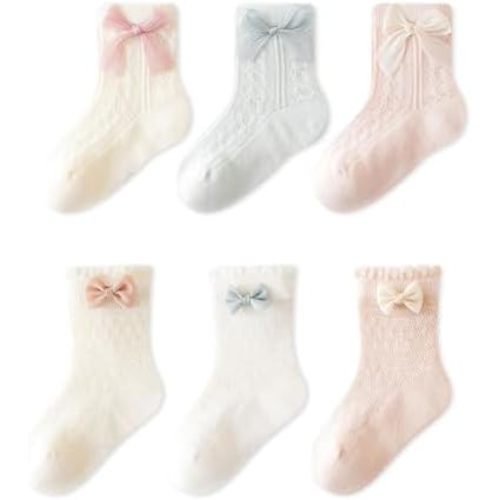 Baby Girl Mesh Socks with Bow 6 Pairs Breathable Princess Socks Set for Infant Toddler Newborn