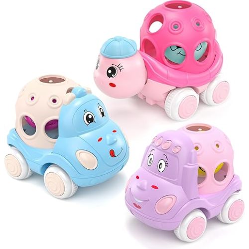 Baby Girl Toys Gifts for 1 2 Year Old Girls, Pink Cars for Babies 6-12 12-18 Months, Push and Go Trucks for Toddlers, Soft Rattle and Roll Toys for One & 1+ Infants First Birthday Gift