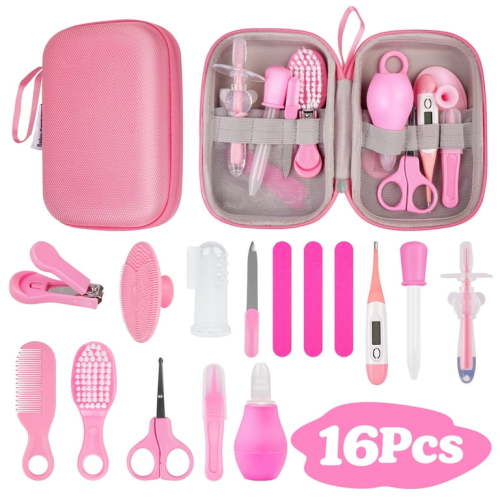 Qissep Baby Grooming Kit,16 in 1 Infant Safety Care Set with Nail File,Hair Brush Comb,Toothbrush,Nasal Aspirator,Baby Essentials as a Newborn,Best Gifts for Infant Girls Boys,Pink