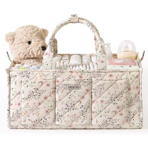 VKSAO Extra Large Diaper Caddy Organizer – Big Nursery Storage Basket with Zipper Pocket, Shoulder Strap & Stroller Hooks, Water-Resistant Travel Tote for Twins, Gift for Baby Shower, Beige Floral