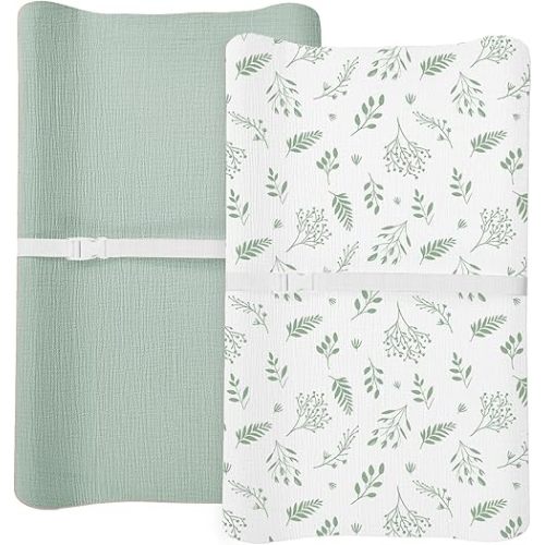 Changing Pad Cover for Baby Boy Girl 2 Pack, Muslin Changing Table Pad Covers with Boho Style, Neutral Nursery Bedding Essentials Soft and Breathable (Fern - Leaf & Sage)