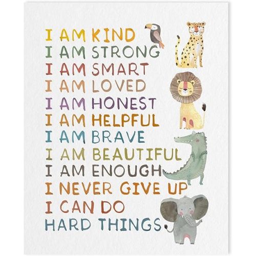 Positive Affirmations Print Wall Decor: I Am Kind I Am Smart I Am Brave Inspirational Quotes Wall Art for Kids, Boho Classroom Posters Baby Animal Safari Nursery Room Decor for Toddler 12x15 Inch