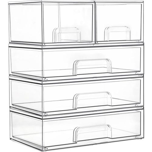 Vtopmart Stackable Storage Drawers Set of 5, Clear Plastic Organizer Bins for Baby Bottle, Beauty Supplies Storage, Ideal for Kichen Countertop, Vanity, Bathroom, Cabinet, Pantry Organization