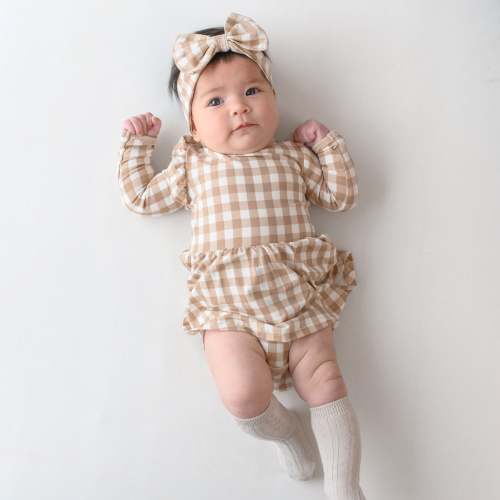 Long Sleeve Twirl Bodysuit Dress in Gingham Bisque