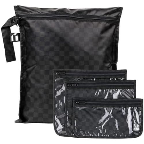 Bumkins and Roamio - Waterproof Wet Bag & Clear Travel Bags - For Beach, Baby, Travel, Swim Suit, Cloth Diapers, Pump Parts, Pool, Gym, Toiletries - Reusable & Easy to Clean - Black Check - 4 Pack