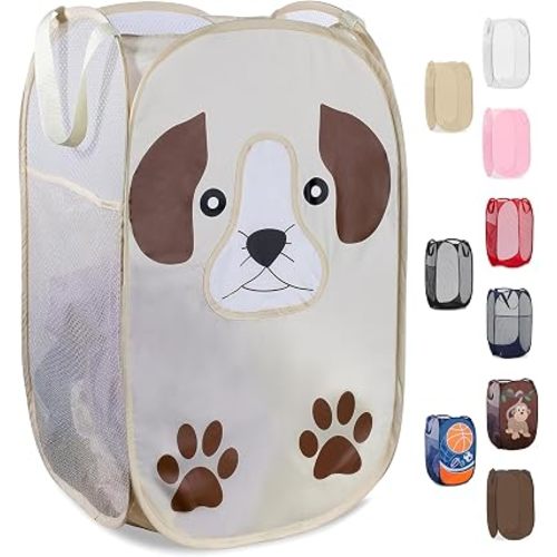 Pop Up Laundry Hamper, Cute Puppy Collapsible Mesh Basket 71L with Reinforced Handles and Side Pocket - Foldable Pop Up Hamper for Dorm, Travel, Kids Room - Handy Laundry (Puppy)