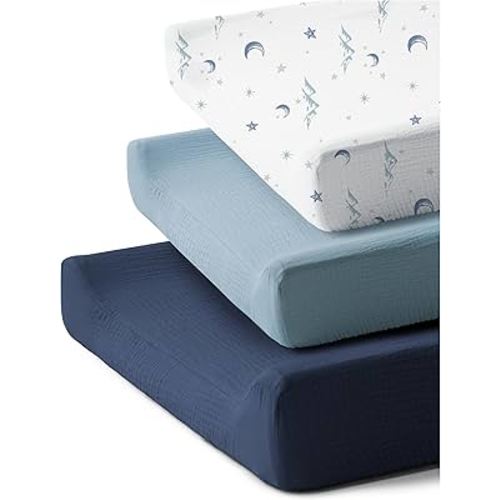 3 Pack Muslin Cotton Changing Pad Covers for Girl, Boy, 100% Soft Changing Table Cover, Breathable Baby Nursery Diaper Chang Pad Sheets (Nightfall Blue)
