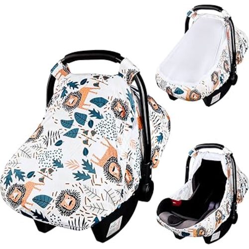 SWESEN Car Seat Covers for Babies, Lion Baby Car Seat Cover with Zipper Mesh, Carseat Cover Boy, Stretchy Infant Carseat Canopy, Animal