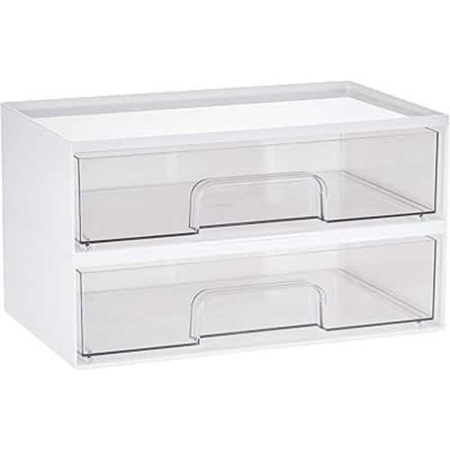 Vtopmart 2 Pack Clear Stackable Storage Drawers,12.1''W Plastic Organizers Bins for Beauty Supplies, Ideal for Vanity, Bathroom, Cabinet, Room Organization, White
