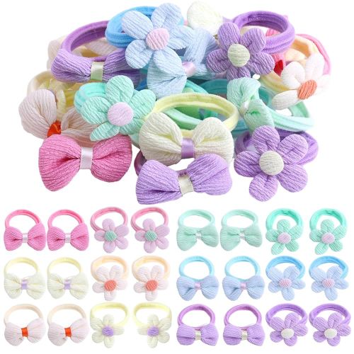 24 Pcs Toddler Hair Ties for Girls, Baby Hair Tie Cute Flower Elastic Scrunchies, Seamless Ponytail Holders, Little Girls Hair Accessories for Thick Hair, Pink, Purple, Blue