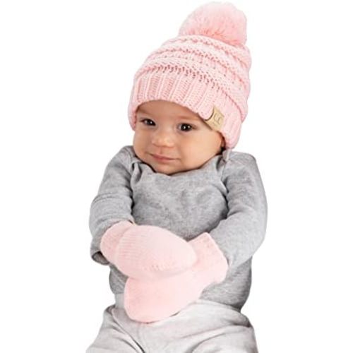 Funky Junque Cozy Infant Pom Pom Beanie & Fleece Lined Mitten Winter Set