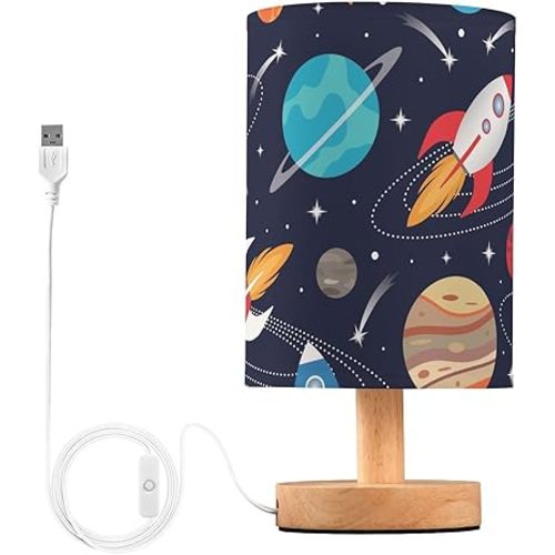Bedside Lamp Space Cute Rockets Planets Table Lamp for Bedroom LED Nightstand Lamp Shade USB Ports Wood Base for Living Room Dorm Office