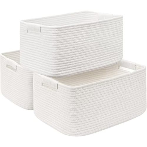 3 Pack Large Storage Basket for Organizing, 17.5"x13"x7" Woven Basket for Shelves, Closet Cube Storage Bins with Wrapped Handle, Cotton Rope Baskets for Kitchen, Clothes, Toys(Off White)