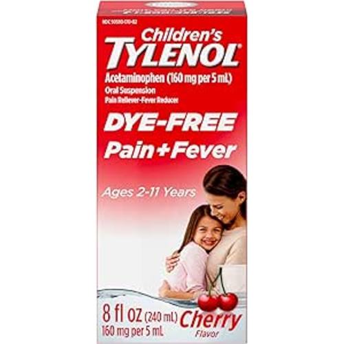 Children's Tylenol Liquid Pain Relief & Fever Medicine, Oral Suspension, Dye-Free, Acetaminophen, No Aspirin, No Ibuprofen, No High Fructose Corn Syrup; Cherry Flavor, 8 fl. oz.; Pack of 1