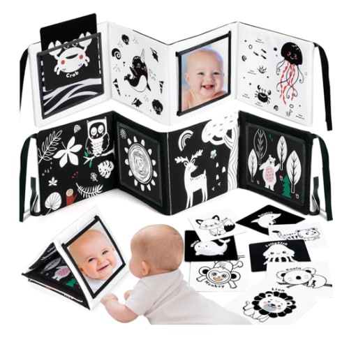 URMYWO Black and White Baby Toys, Tummy Time High Contrast Newborn Toys 0-3 Months, Baby Boy Girl Gifts, Visual Stimulation Learning Activity Cards, Soft Baby Book, Montessori Infant Toys 0-12 Months