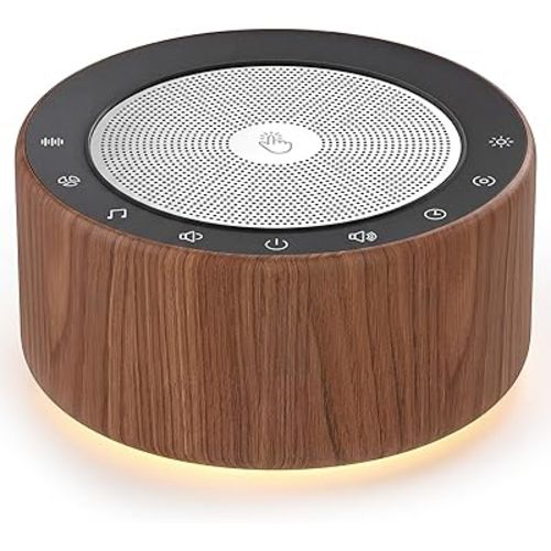 Kipcush White Noise Machine - Soft Non-Glare Nursery Lamp, 30 Soothing Sounds, 8 Color Lights, Max 8-Hour Timer for Baby & Adults (Walnut Wood, Standard)