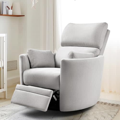 Jocisland Power Swivel Glider Rocking Recliner, Nursery Chair for Adults with 4 Massage Points, 2 Pillows, USB & Type-C Charge,Barrel Armchair Single Sofa for Living Room Bedroom, Grey Fabric