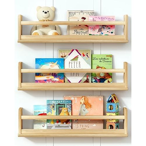 Natural Wood Wall Bookshelf for Kids Bedroom Set of 3, 24 Inch Wooden Floating Nursery Book Shelves for Baby Boys Girls Room, Mounted Toddler Book Shelf for Toy Organizers and Storage