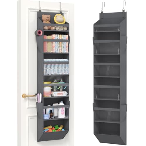Lifewit 1 Pack Over the Door Organizer, 6 Section Clear Window Hanging Storage with 4 Side Pockets, Sturdy Anti Tilt 40 lbs Load Behind Door for Closet, Bedroom, Bathroom, Nursery, Dorm, Dark Gray