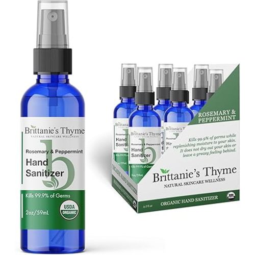 Brittanie's Thyme Organic Travel Hand Sanitizer Spray, Rosemary & Peppermint 2oz 6 Count | Vitamin E Aloe Moisturizing | Non Greasy & Replenishes Moisture & Nourishes Skin