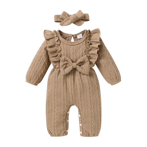 Happy Town Baby Girl Romper Infant Fall Winter Clothes Ruffle Sweater Long Sleeve Bodysuit Jumpsuit and Headband