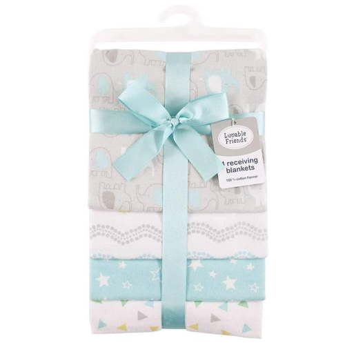 Luvable Friends Newborn Baby Cotton Flannel Receiving Blankets, Elephant 4-Pack