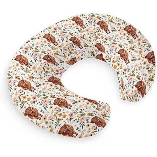 HawSkgFub Highland Cow Pink Floral Nursing Pillow Cover for Baby Girl, Boho Retro Flower Western Farm Animal Yak Breastfeeding Pillow Slipcover, Cow Lover Nursing Pillowcase Newborn Infant, Cover Only