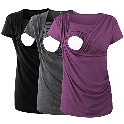 Ecavus 3PCS Women's Maternity Nursing Tops for Breastfeeding Short Sleeve Side Ruched Nursing Shirts