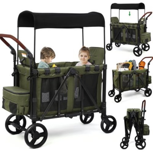 Vomeast Wagon Stroller for 2 Kids, 3-in-1 Wagon Stroller with Canopy, 5-Point Harness, Adjustable Handlebars, Removable Seat for Toddlers, Green